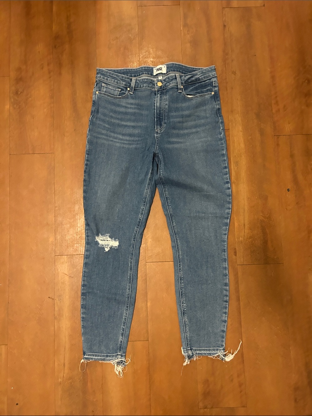 PAIGE Medium Blue Distressed Ankle Crop Jeans